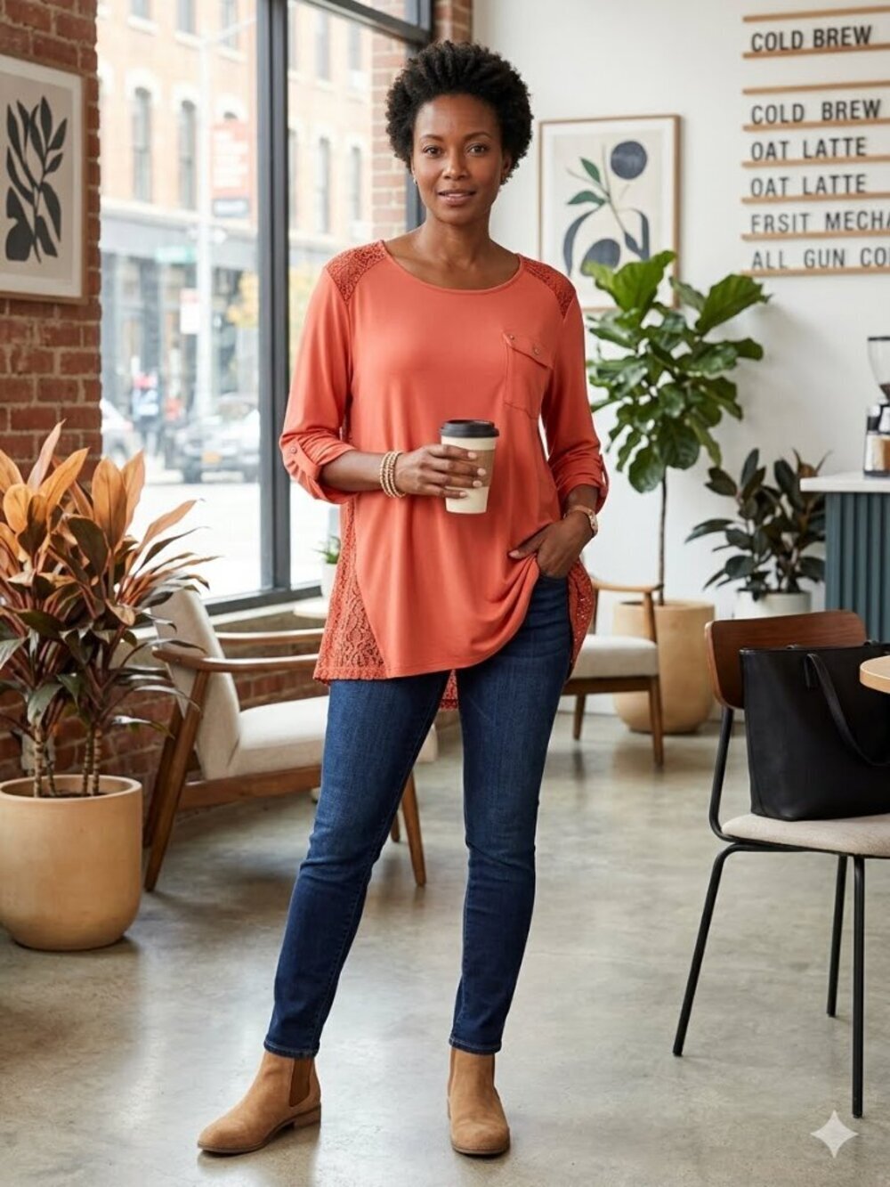 Chico's Women Size Large Leah Lace Back Orange Roll Tab Sleeve Pocket Tunic Top
